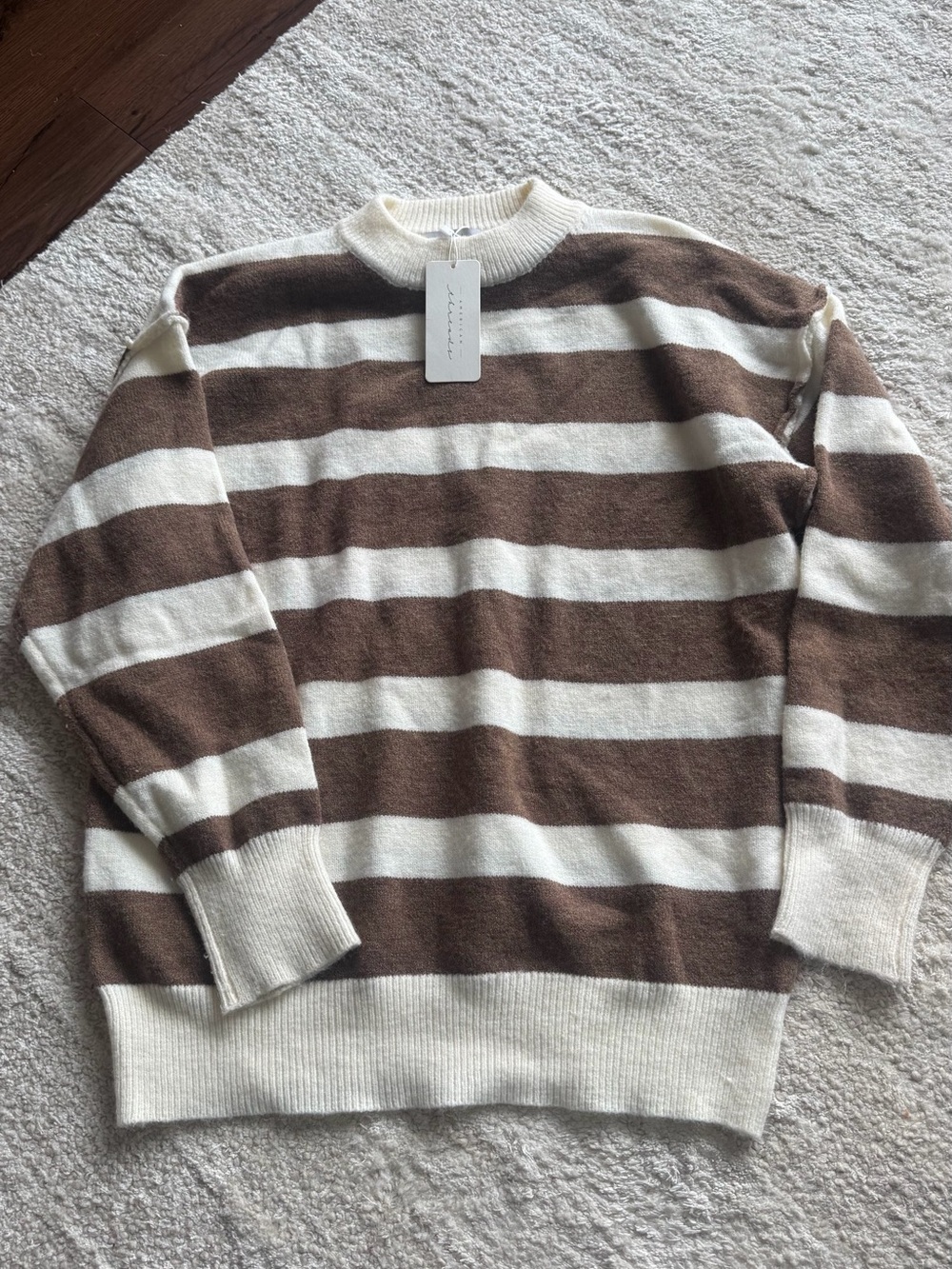 American Threads Cream & Brown Striped Crewneck Sweater